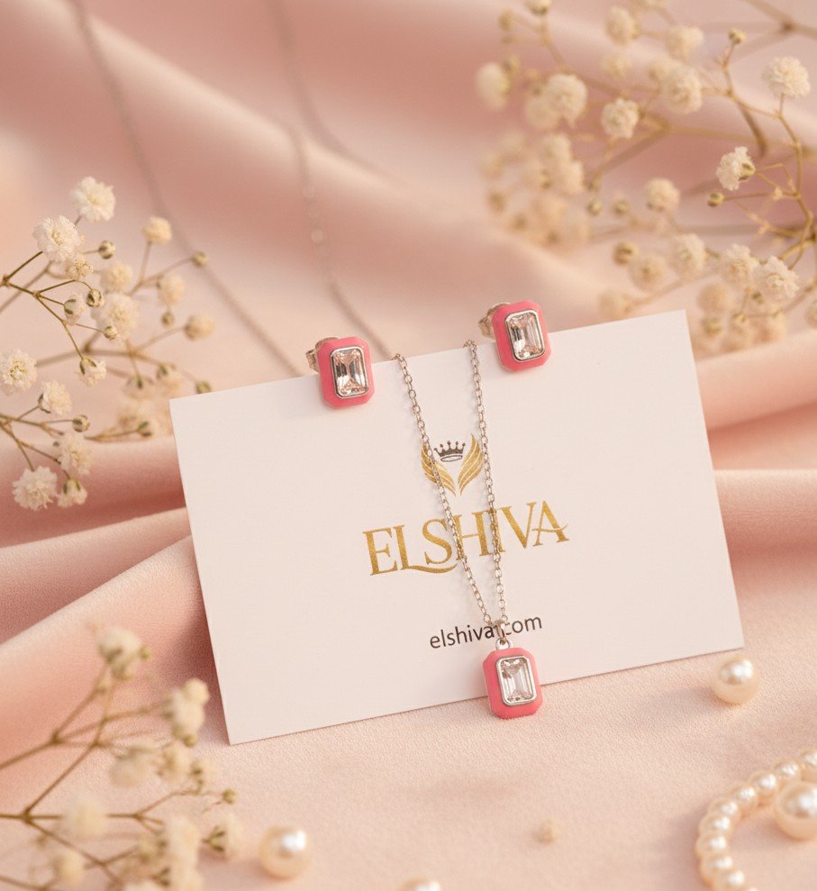 The 'Rose Quartz Dream' Set: Dainty Silver Necklace & Studs with Hand-Applied Hot Pink Enamel