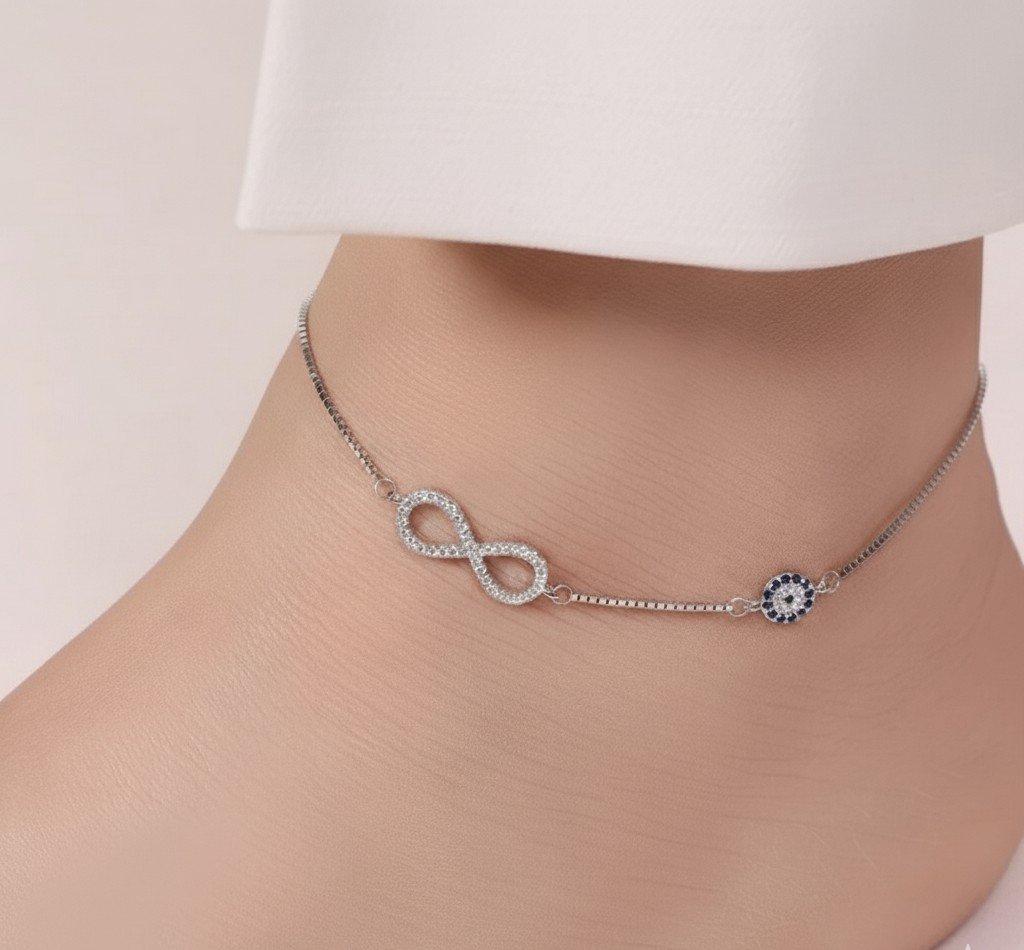 Protection & Eternity Anklet with Blue Evil Eye and CZ Infinity Charm 
