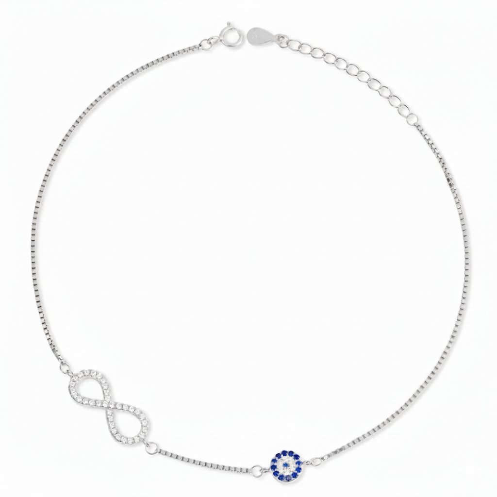 Protection & Eternity Anklet with Blue Evil Eye and CZ Infinity Charm 